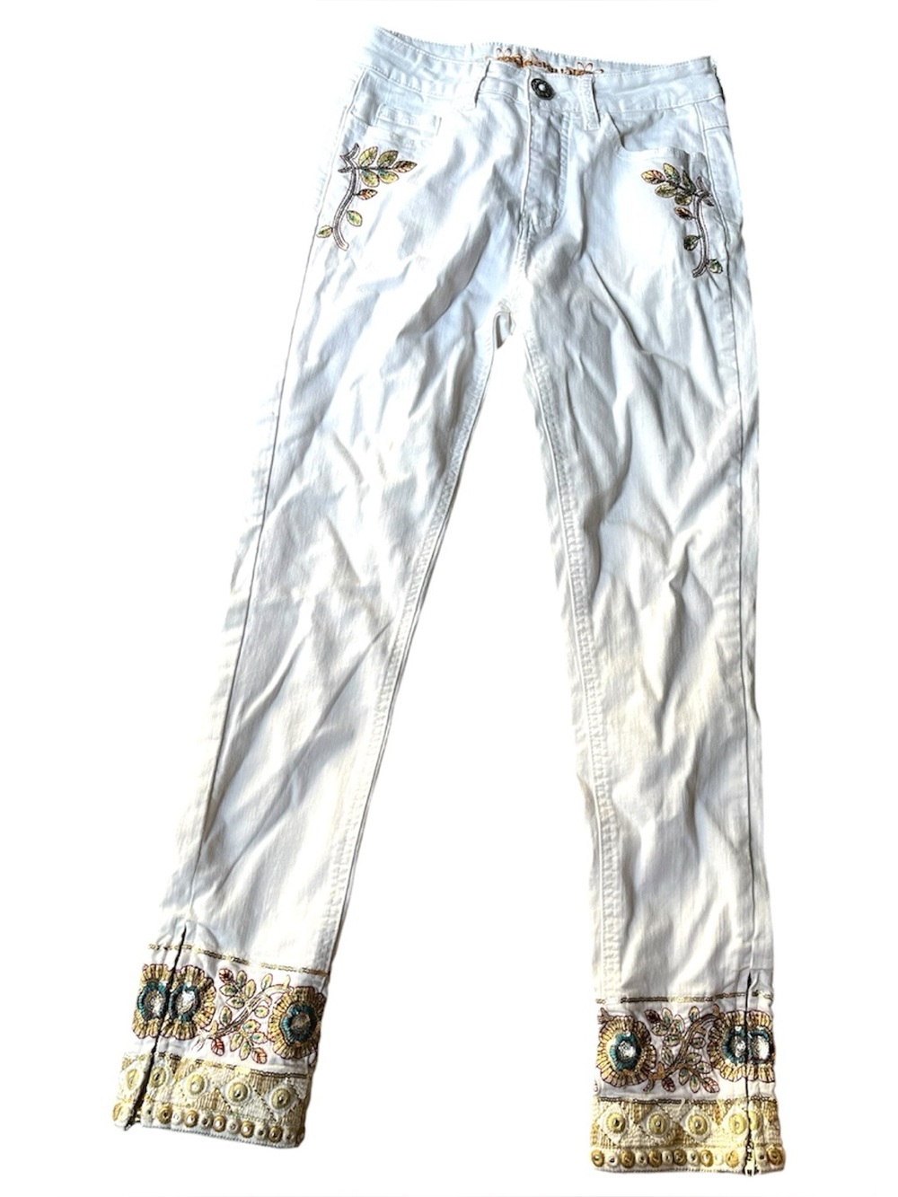 Vintage y2k  White Embroidered Boho Pants with Beaded Cuffs